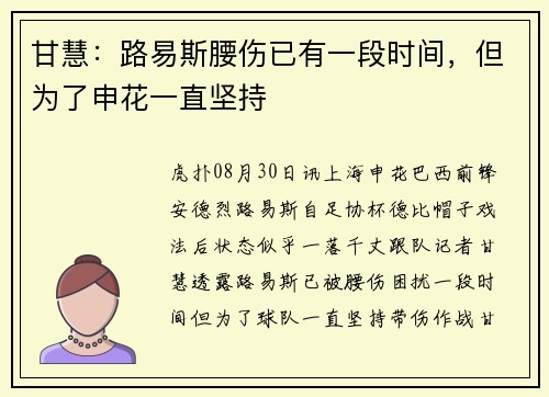 甘慧：路易斯腰伤已有一段时间，但为了申花一直坚持